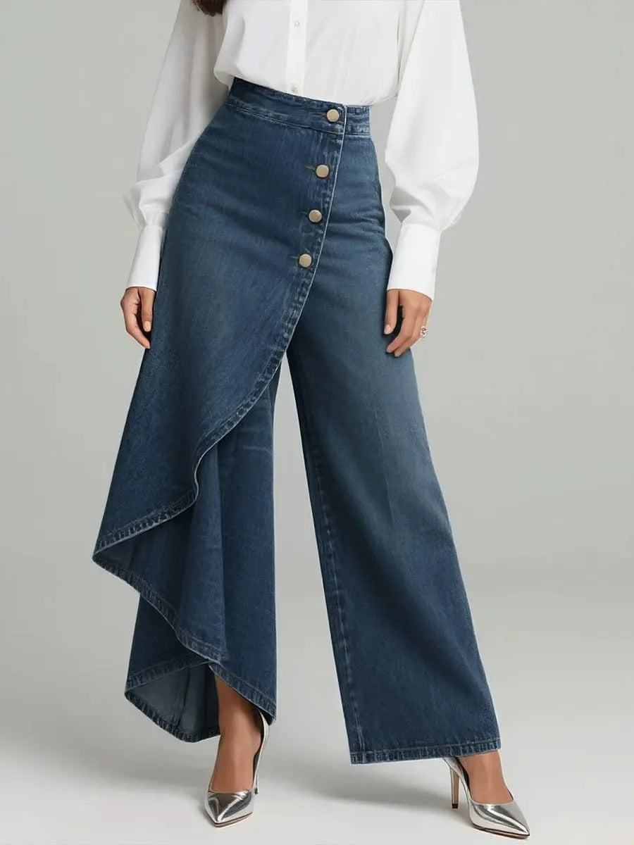 Pantalones únicos de pernera recta a la moda con volantes grandes y botones, pantalones de mujer, ropa vaquera de imitación