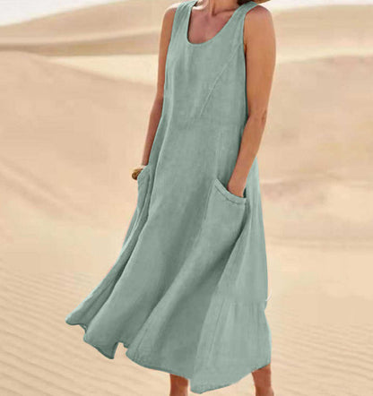 Vestido Largo de Verano sin Mangas con Bolsillos, Vestidos Casuales Sueltos de Moda, Ropa de Mujer
