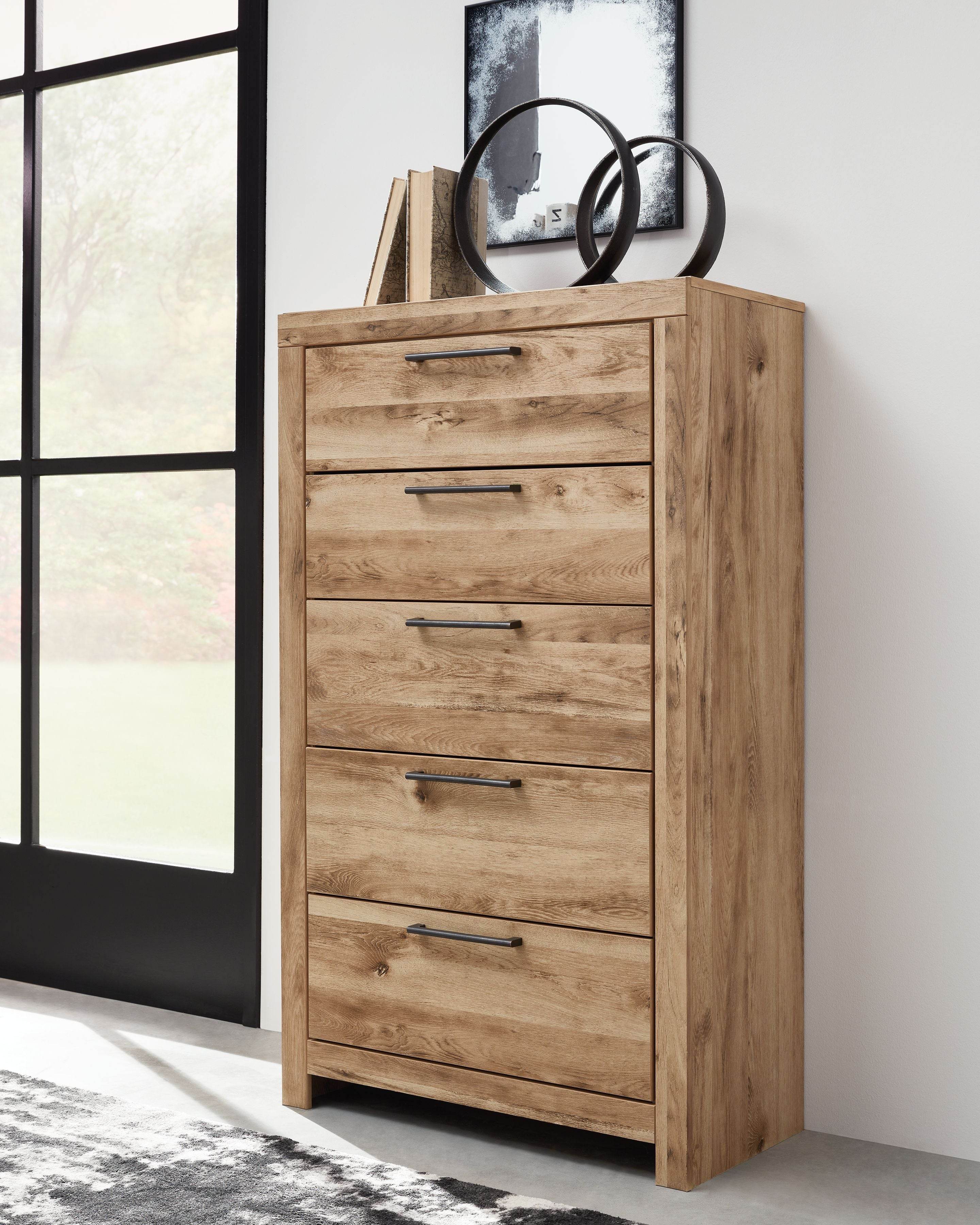 Tan Brown Five Drawer Accent Chest with Golden Rustic Finish-2