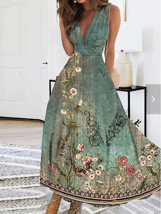 Nouvelle robe d'été sans manches à col en V, taille haute imprimée pour femmes