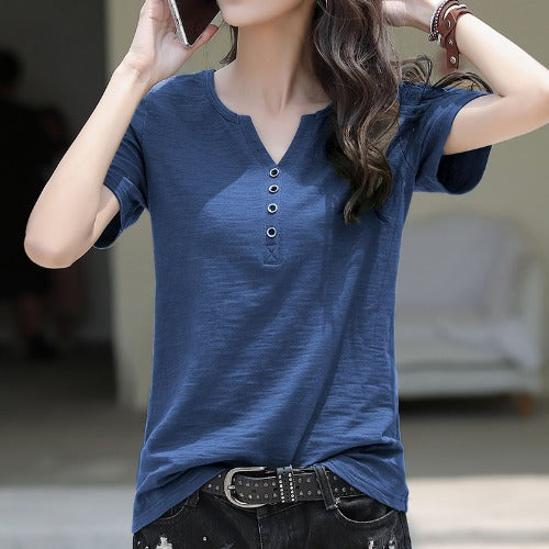 Camiseta de algodón de manga corta para mujer, camisa suelta básica