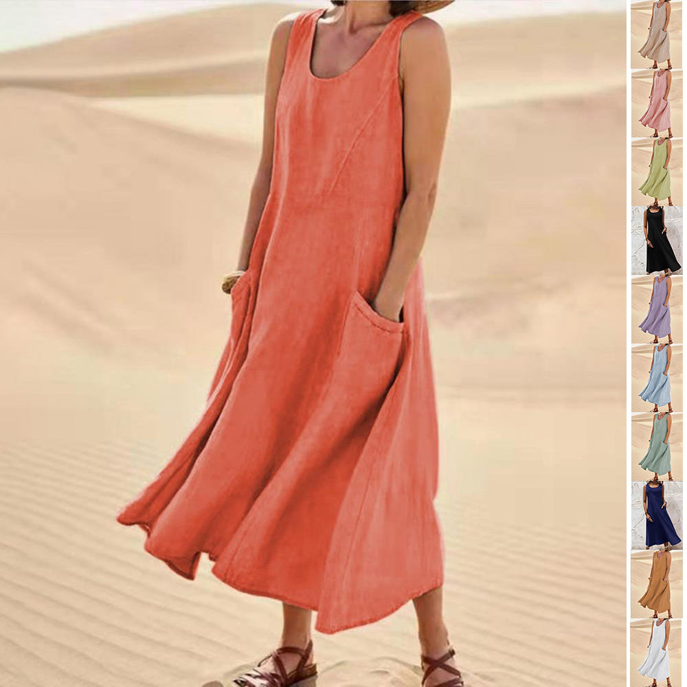 Vestido Largo de Verano sin Mangas con Bolsillos, Vestidos Casuales Sueltos de Moda, Ropa de Mujer