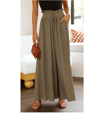Pantalon long taille haute et large pour femme avec ceinture élastique