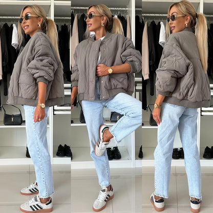 Manteau D'hiver Matelassé Chic et Décontracté pour Femme à Boucle, Chemise Manches Longues Couleur Unie