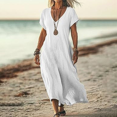Robe ample unie en coton et lin à col en V