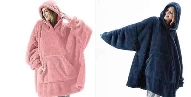 Hoodie sweatshirt wearable blanket by AdTec in pink and navy, oversized fleece with large front pocket, two items