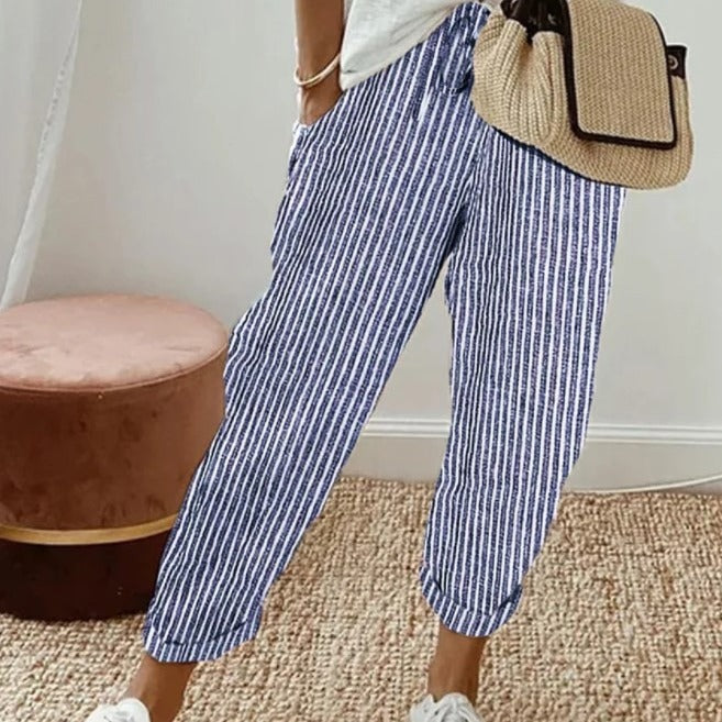 Pantalon décontracté d'été à rayures, ample, taille élastique pour femme