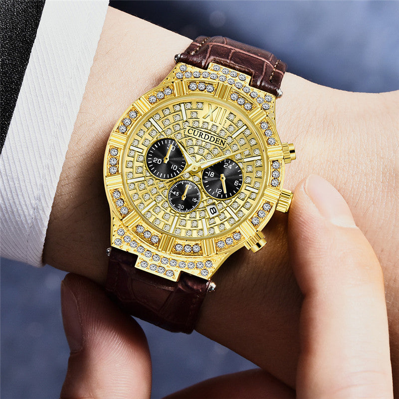 Montre à quartz pour homme avec faux trois yeux et diamants incrustés