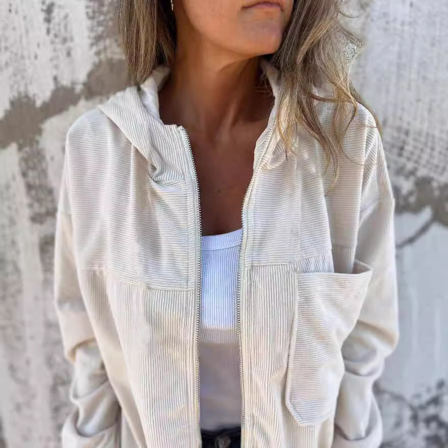 Chaqueta con capucha de pana lisa sencilla para mujer