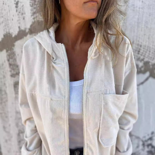 Chaqueta con capucha de pana lisa sencilla para mujer