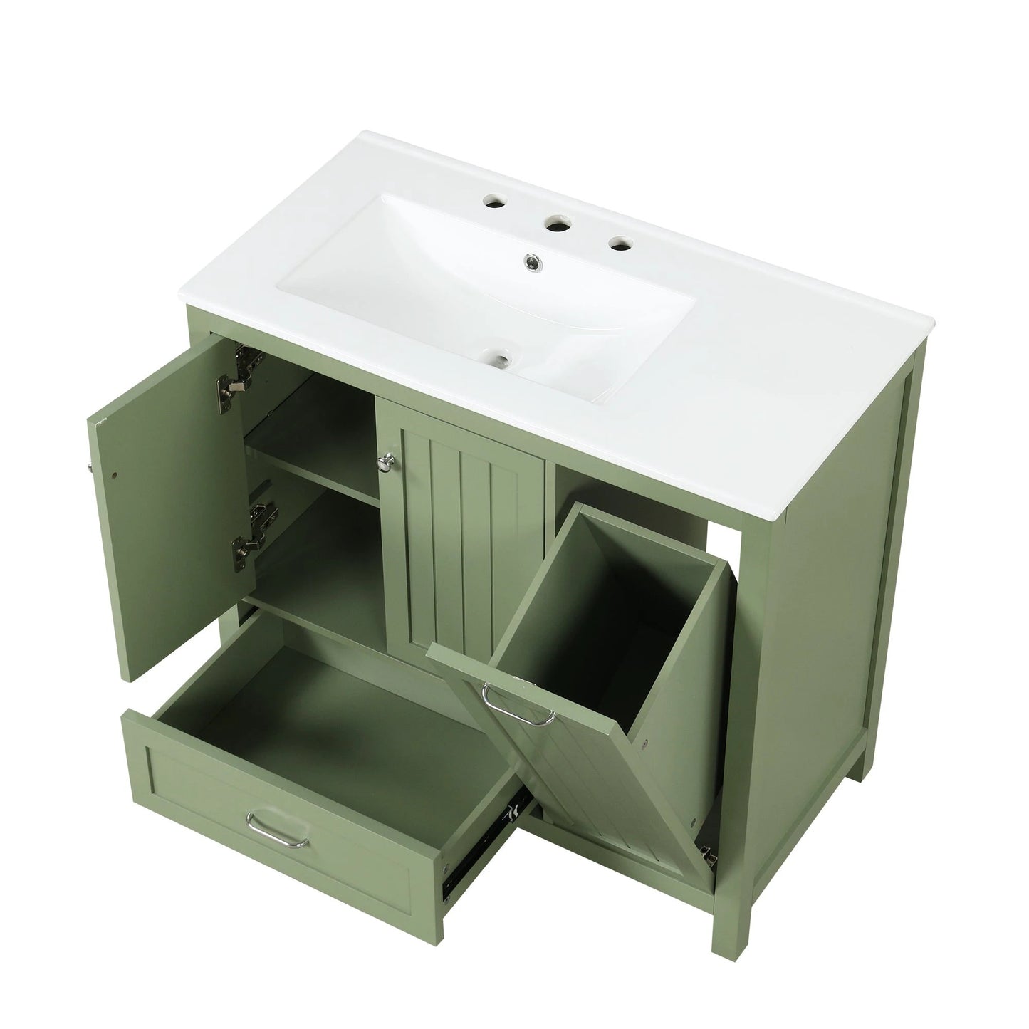 36 inch bathroom vanity with sink, one double door cabinet one large drawer and one flip drawer solid wood and MDF board, green by eprolo