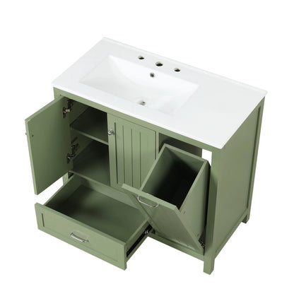 36 inch bathroom vanity with sink, one double door cabinet one large drawer and one flip drawer solid wood and MDF board, green by eprolo