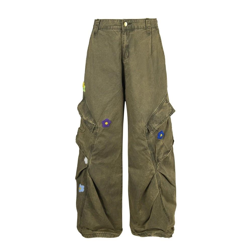 Flower Embroidered Design Work Pants by eprolo