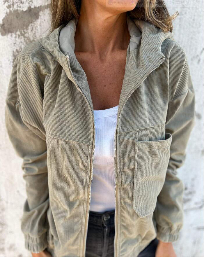 Chaqueta con capucha de pana lisa sencilla para mujer