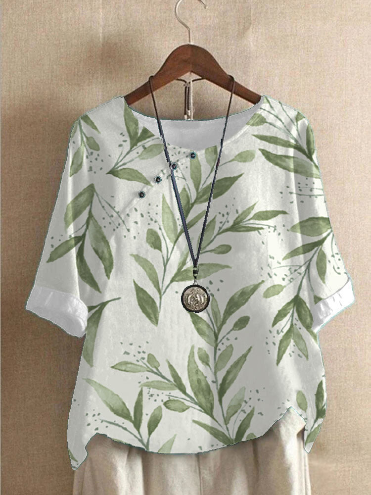 Camisa holgada estampada de moda de algodón y lino para mujer