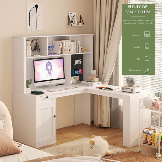 Corner gaming computer desk with socket, drawers, bookshelf and writing desk, modern L-shaped learning desk with storage space by eprolo