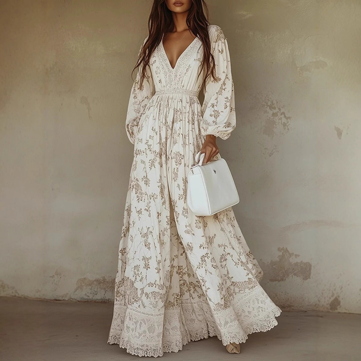 Robe longue élégante à col en V creux pour femme, robe longue à manches longues avec imprimé pour le printemps et l'été, robe à manches longues à col en V.