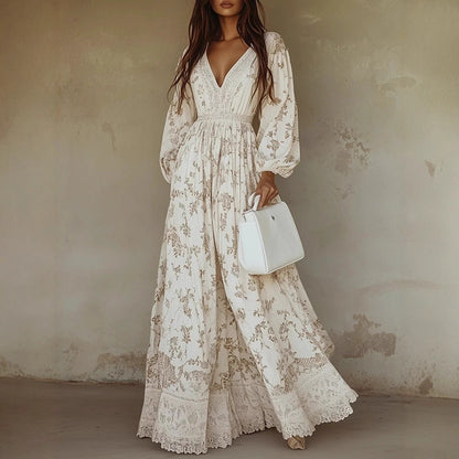 Robe longue élégante à col en V creux pour femme, robe longue à manches longues avec imprimé pour le printemps et l'été, robe à manches longues à col en V.