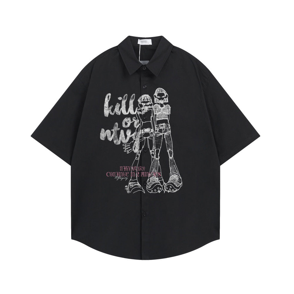 Human printed loose short sleeved shirt