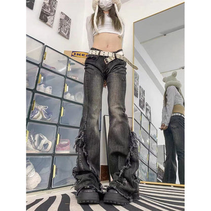 Jean en jean légèrement évasé pour femme, de style américain vintage, avec bord brut