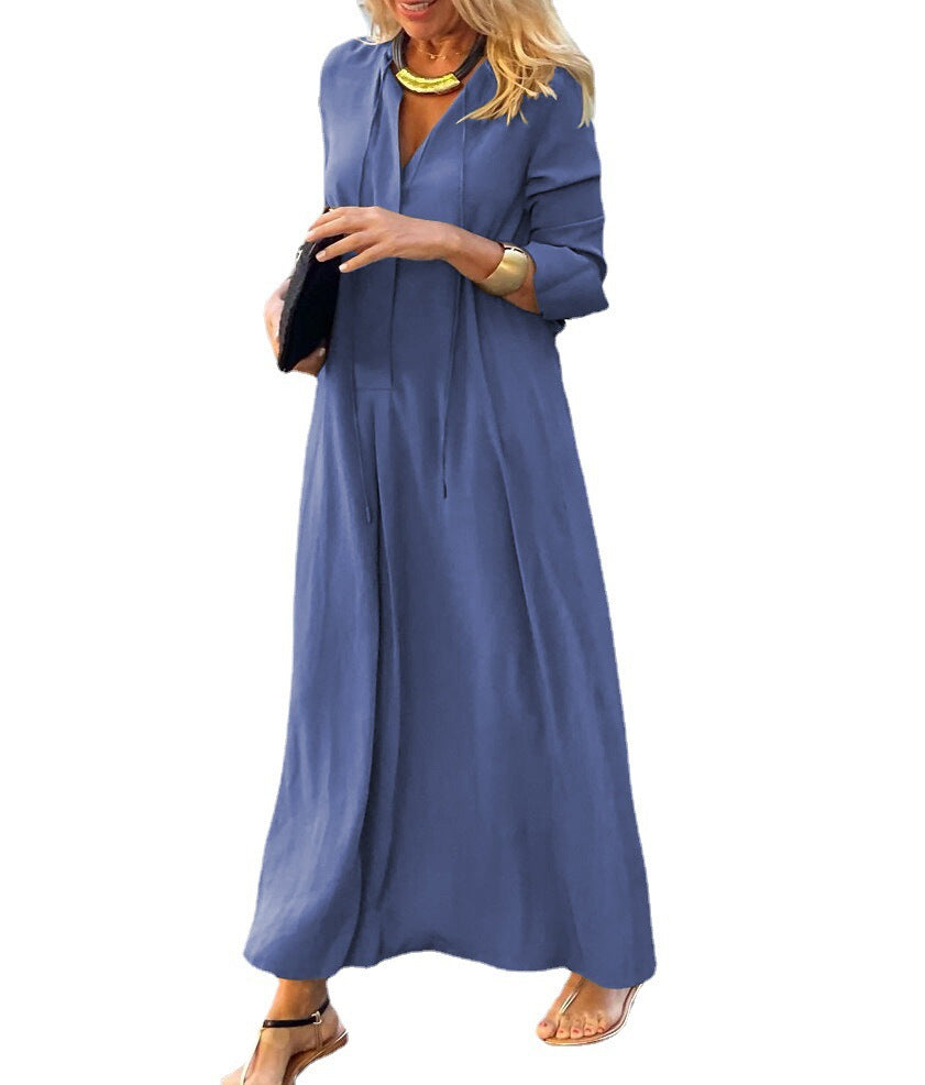 Vestido camisero de manga larga a la moda suelto con cuello en V vestidos largos ropa de primavera y otoño para mujer