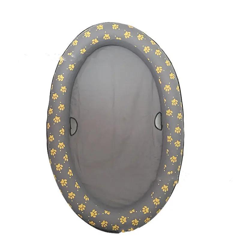 Dog pool float hammock, grey oval inflatable bed with yellow paw prints and side handles