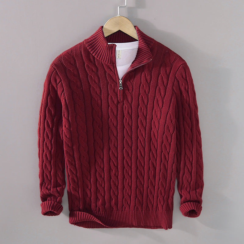 Men's Thickened Coarse Knit Mock Neck Zipper Loose Pullover Sweater