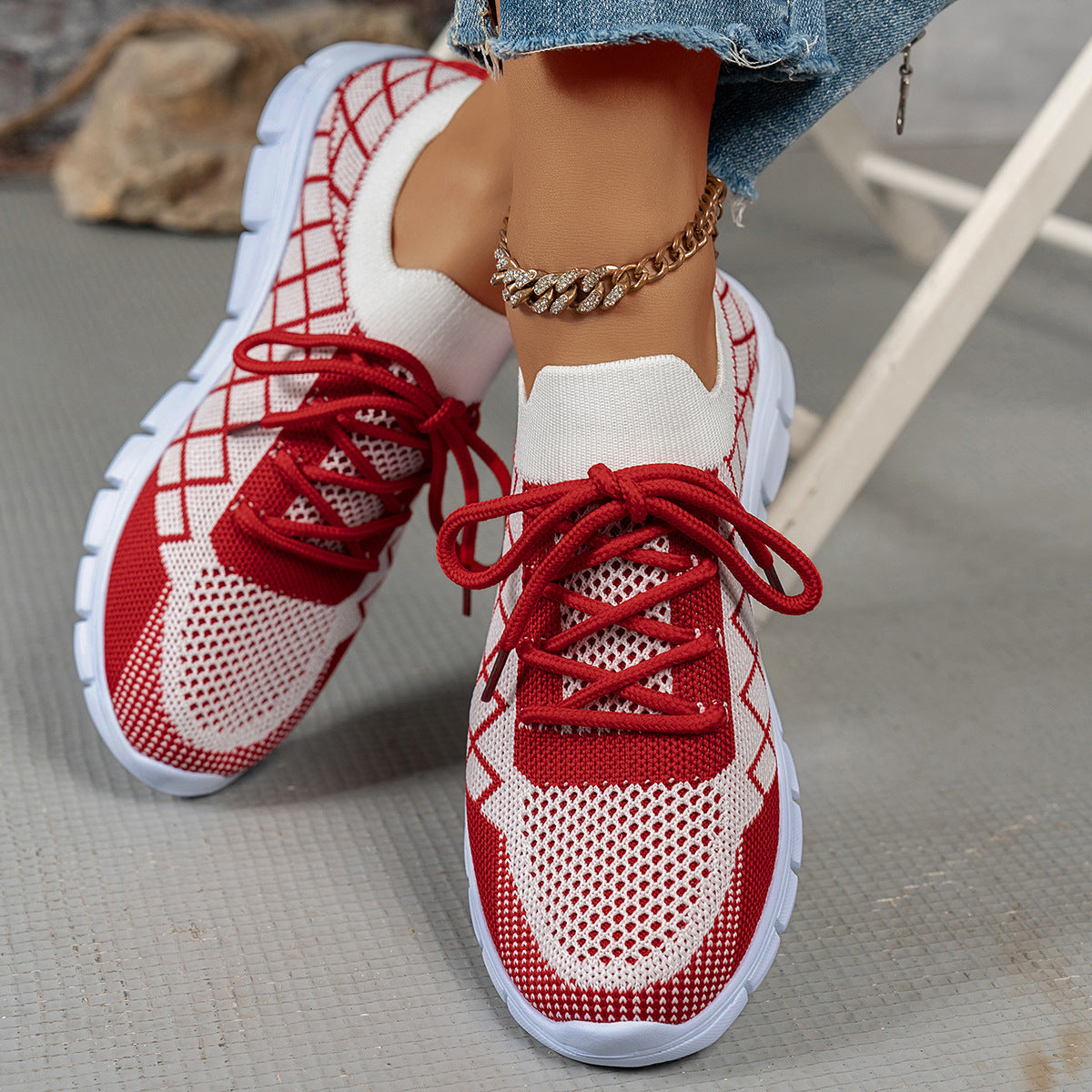 Zapatillas Flyknit con cordones y diseño de cuadros de colores para mujer, deportivas, transpirables, informales, para caminar y correr