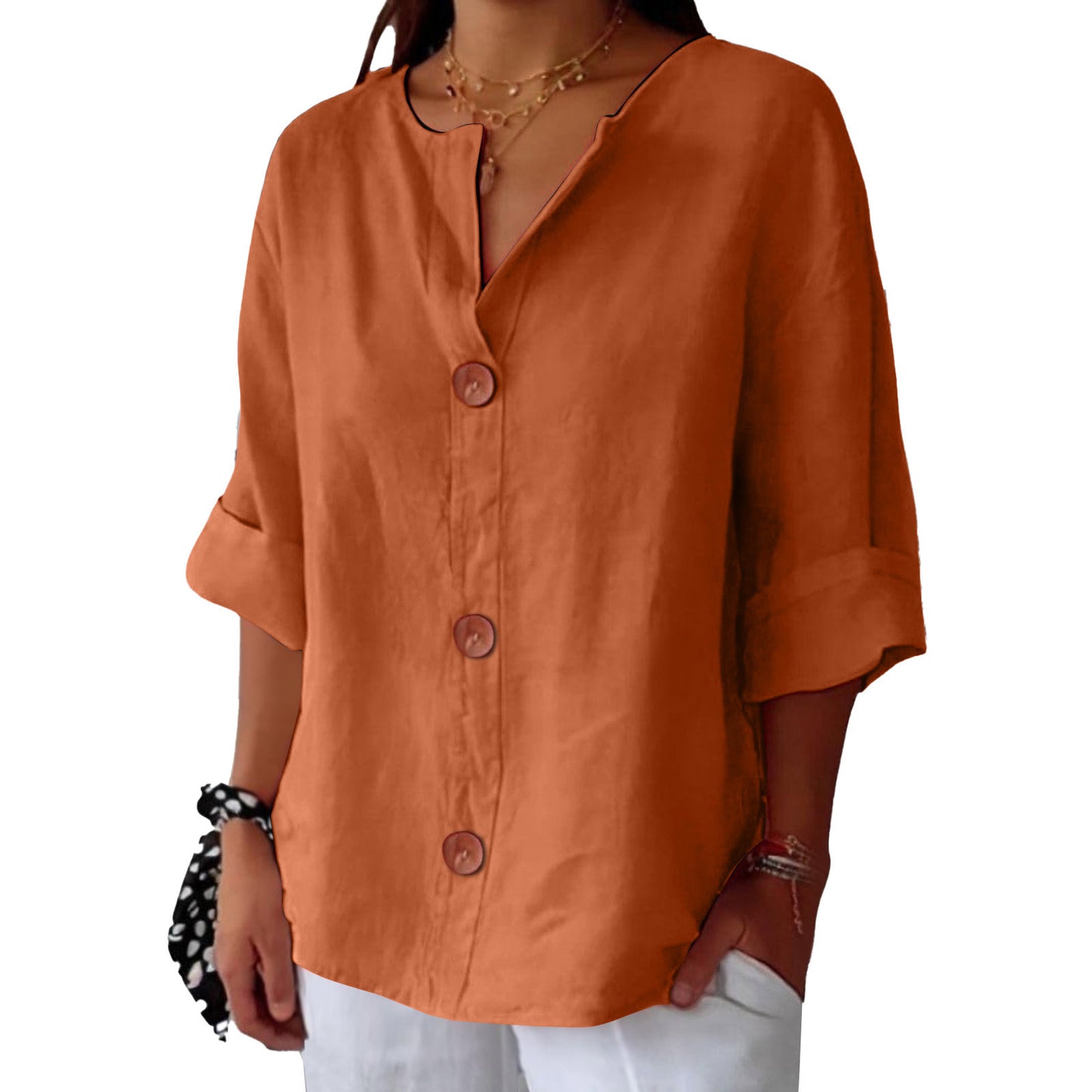 Chemisier boutonné femme en coton et lin col en V