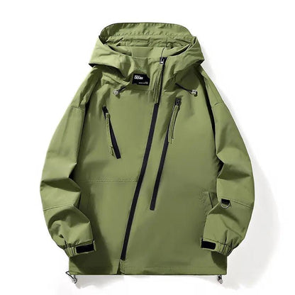 Mens workwear jacket by AdTec in olive green with hood and front zip pockets
