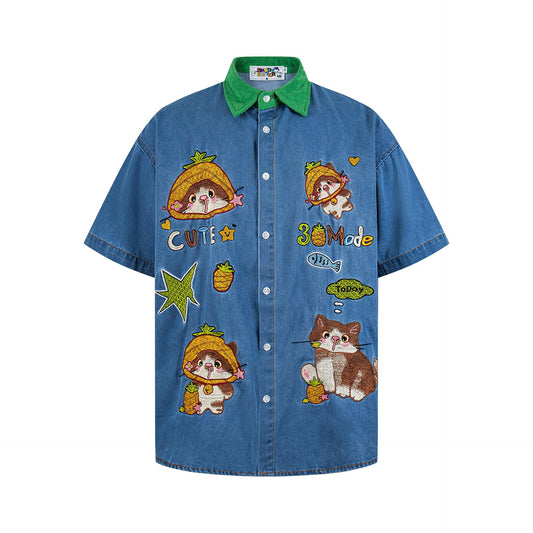 Pineapple cat embroidered contrasting denim shirt
