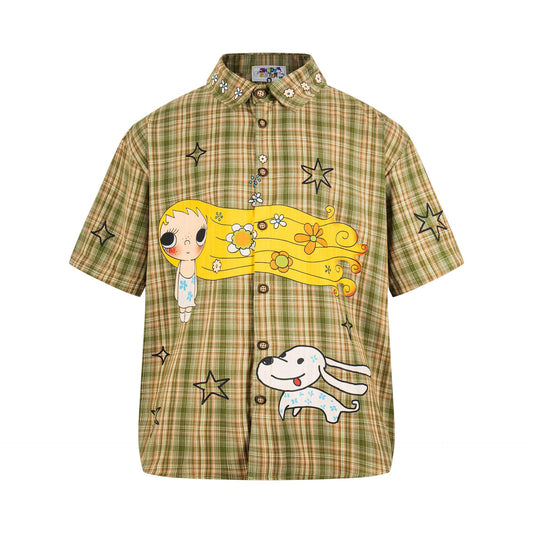 Long haired girl and puppy embroidered shirt