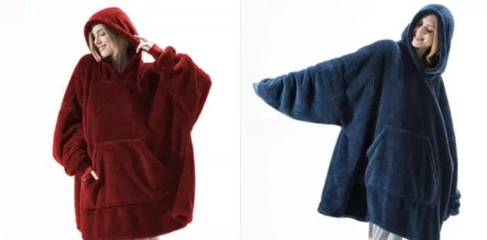 Hoodie sweatshirt with big pocket, oversized double-sided fleece, red and blue (2 items)