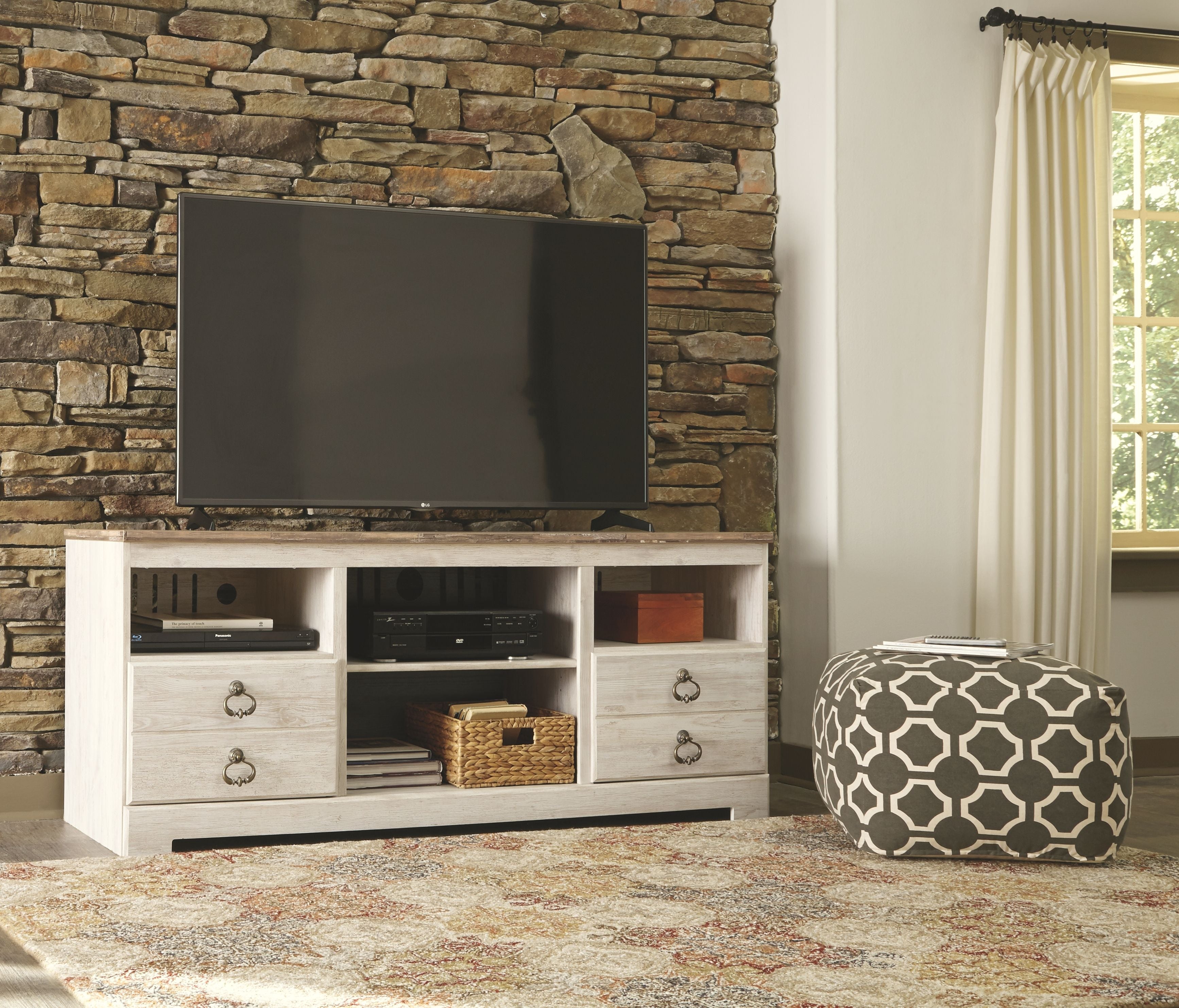 Willowton - 2 Pc. - 64" TV Stand with Faux Firebrick Fireplace Insert - Whitewash-1