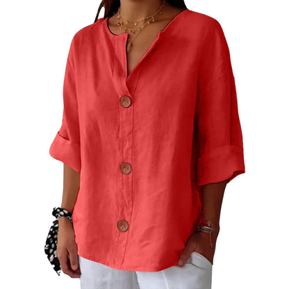 Chemisier boutonné femme en coton et lin col en V