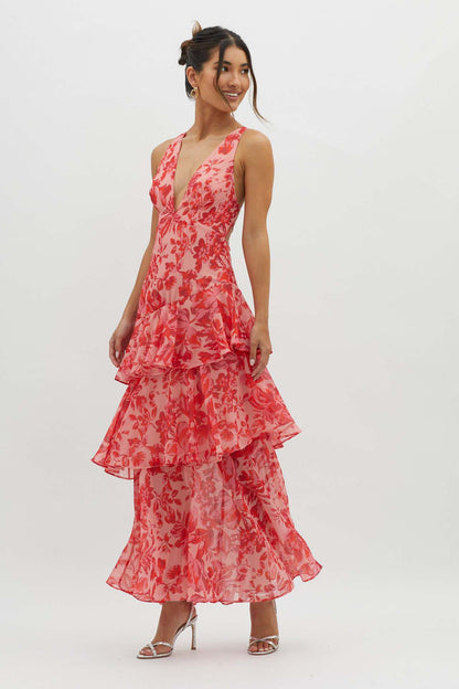 Women's Spaghetti-strap Floral Print Backless Multi-layer V-neck Dress