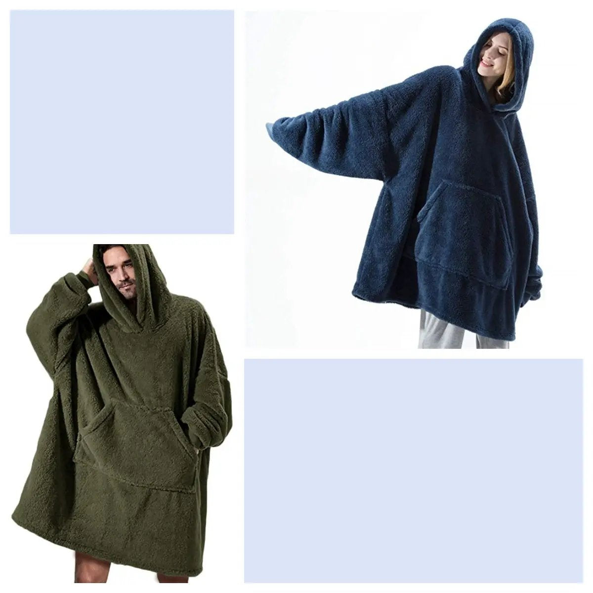 Hoodie fleece sweatshirt with large front pocket; oversized plush hoodies in navy blue and olive green