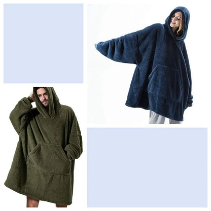 Hoodie fleece sweatshirt with large front pocket; oversized plush hoodies in navy blue and olive green