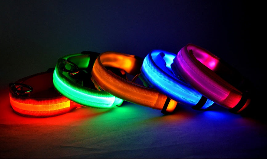 Collar luminoso de nailon con LED para mascotas, de seguridad nocturna, intermitente, que brilla en la oscuridad, correa ajustable para perros y gatos, suministros para mascotas