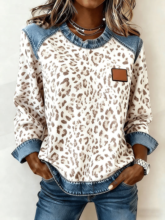 Women's Patchwork Denim Sweatshirt with leopard-print body and blue denim shoulder patches
