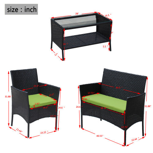 Juego de muebles de patio de ratán de 4 piezas con cojín, sofá de mimbre, cojín verde