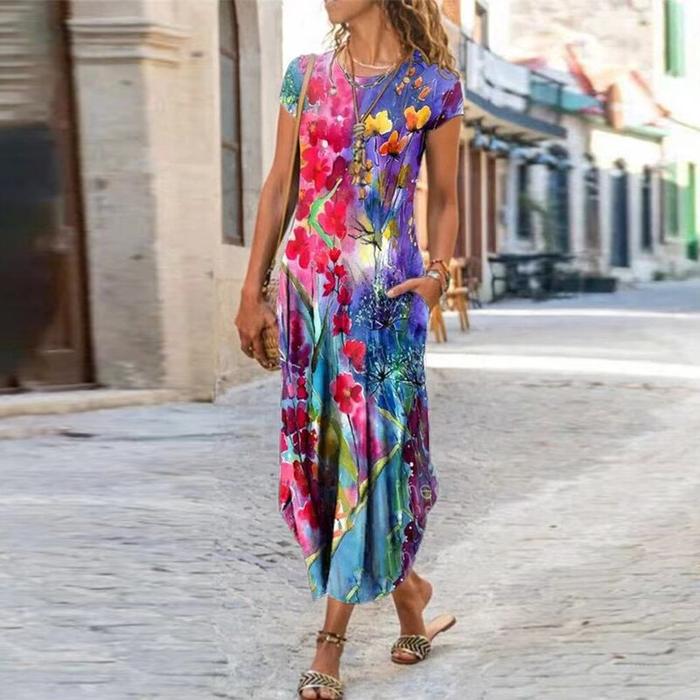 Vestido de cuello redondo, manga corta, con bolsillo y estampado a la moda