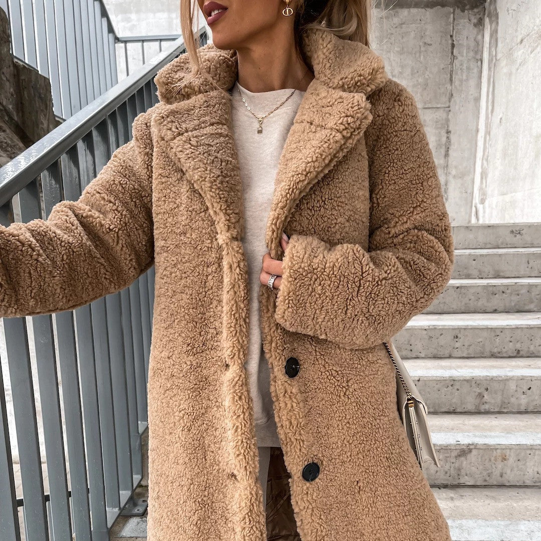 Haut de veste en peluche à revers et manches longues pour femme