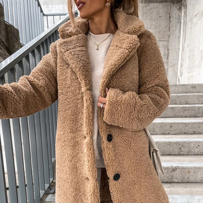 Haut de veste en peluche à revers et manches longues pour femme
