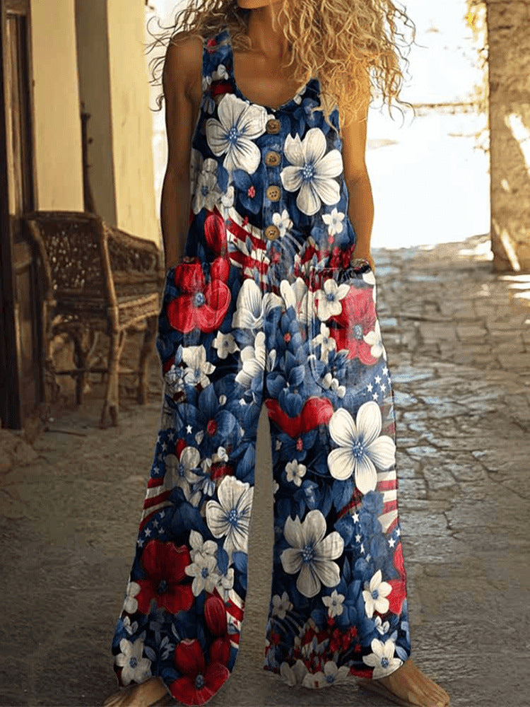 Women's Vest With Pockets Fashion Floral Jumpsuit