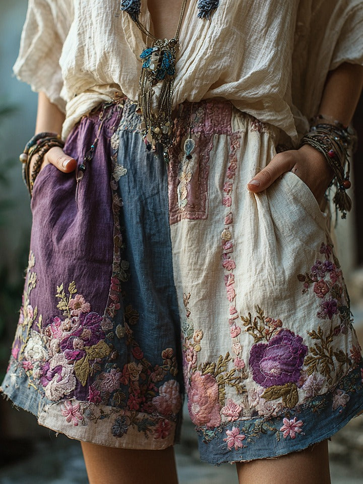 Pantalones cortos casuales de mujer con estampado floral retro europeo y americano