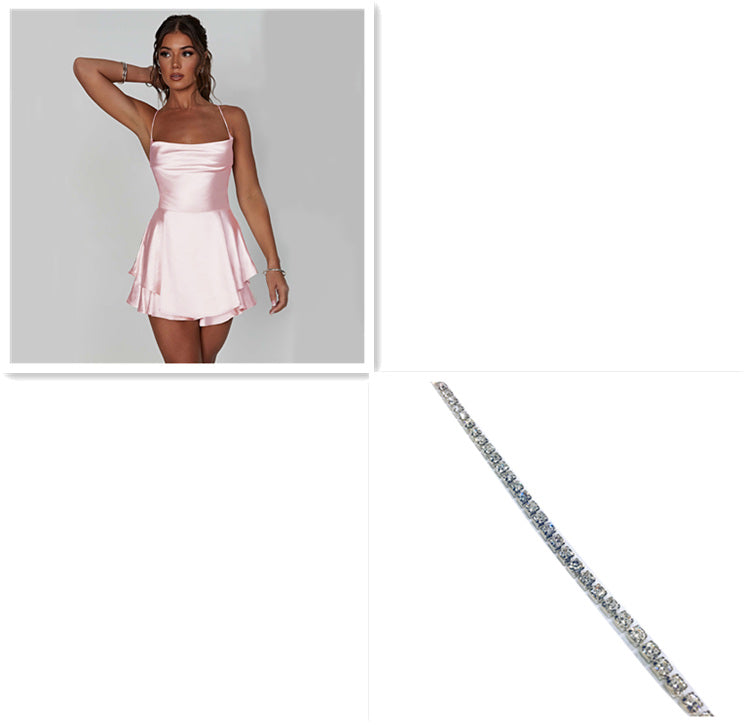 Sexy Falda de Tirantes para Mujer Elegante Ajustada con Tirantes de Satén Sin Espalda con Cordones Vestido Corto Acampanado para Mujer
