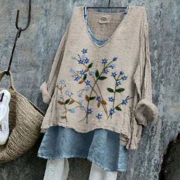 Manga Larga Informal Estampada Suelta Floral para Mujer