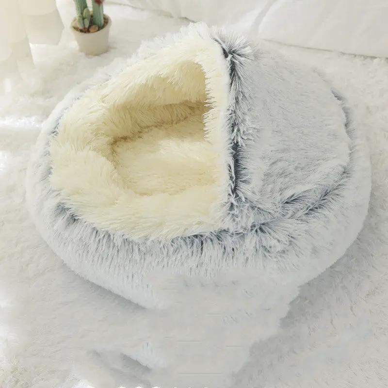 AdTec crystal velvet warm round cat bed with plush cream interior and light gray exterior