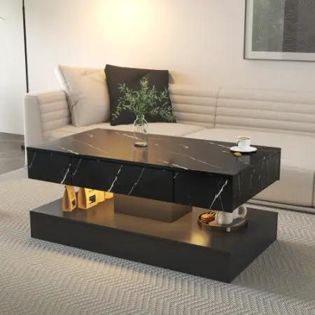 6.93in High LED Coffee Table by AdTec, black marble top with gold interior shelf